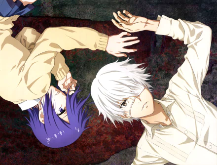 Anime HD desktop wallpaper featuring Ken Kaneki and Touka Kirishima from Tokyo Ghoul, lying down with Kaneki's short white hair and eyepatch, and Touka's purple hair and eyes, set against a dark, blood-stained background.
