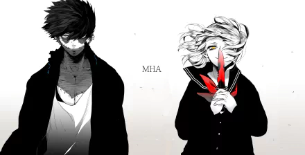 A high-definition desktop wallpaper featuring Himiko Toga and Dabi from My Hero Academia, also known as Boku No Hero Academia, in a monochrome art style. MHA is written in the center.