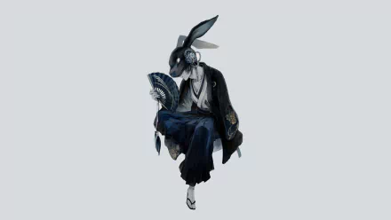HD anime desktop wallpaper featuring a mysterious anime boy with rabbit ears, wearing traditional dark clothing and holding a fan against a light background.