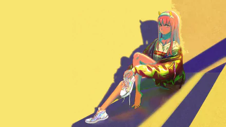 HD anime desktop wallpaper of Zero Two from Darling in the FranXX, sitting with a reflective shadow against a bright yellow background.