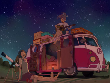 Anime original HD PC desktop wallpaper: starry night with a retro van, one character playing guitar on the roof and another peering through a telescope.