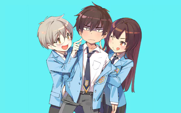 HD PC desktop wallpaper of Cardcaptor Sakura anime: Toya Kinomoto blushing between Yukito Tsukishiro and Sakura Kinomoto in blue school uniforms on a turquoise background.