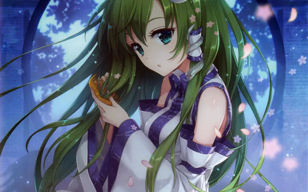 HD PC desktop wallpaper/background: Sanae Kochiya (Touhou) — anime girl with long green hair in shrine‑style outfit, holding a charm under a moonlit blue sky with falling petals.