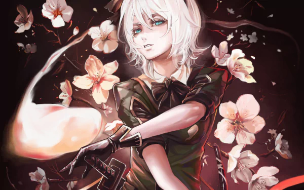 Youmu Konpaku (Touhou) anime portrait: white hair and aqua eyes, twin swords and a ghostly blade amid floating cherry blossoms — 2K Quad HD PC desktop wallpaper