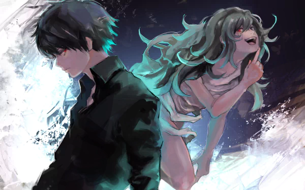 HD desktop wallpaper featuring Haise Sasaki and Eto Yoshimura from Tokyo Ghoul anime, showcasing vibrant colors and dynamic character poses.