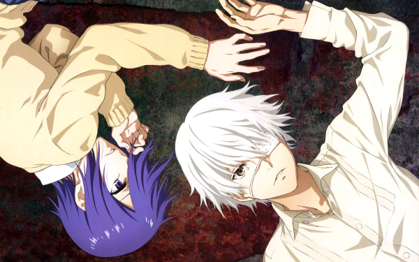 Anime HD desktop wallpaper featuring Ken Kaneki and Touka Kirishima from Tokyo Ghoul, lying down with Kaneki's short white hair and eyepatch, and Touka's purple hair and eyes, set against a dark, blood-stained background.
