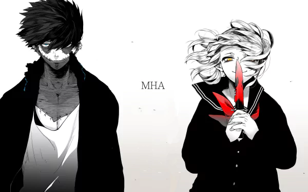 A high-definition desktop wallpaper featuring Himiko Toga and Dabi from My Hero Academia, also known as Boku No Hero Academia, in a monochrome art style. MHA is written in the center.