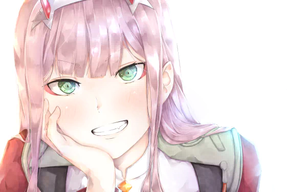 HD desktop wallpaper featuring Zero Two from the anime Darling in the FranXX. The image showcases Zero Two with a confident smile and vibrant green eyes, set against a light background.