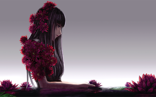 Anime Original Long Hair Black Hair Flower Black Eyes HD Wallpaper | Background Image