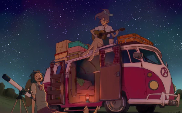 Anime original HD PC desktop wallpaper: starry night with a retro van, one character playing guitar on the roof and another peering through a telescope.