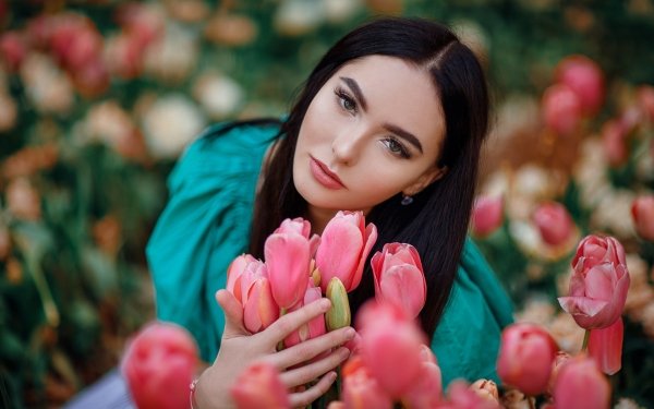 Women Model Black Hair Tulip Flower Pink Flower Lipstick HD Wallpaper | Background Image
