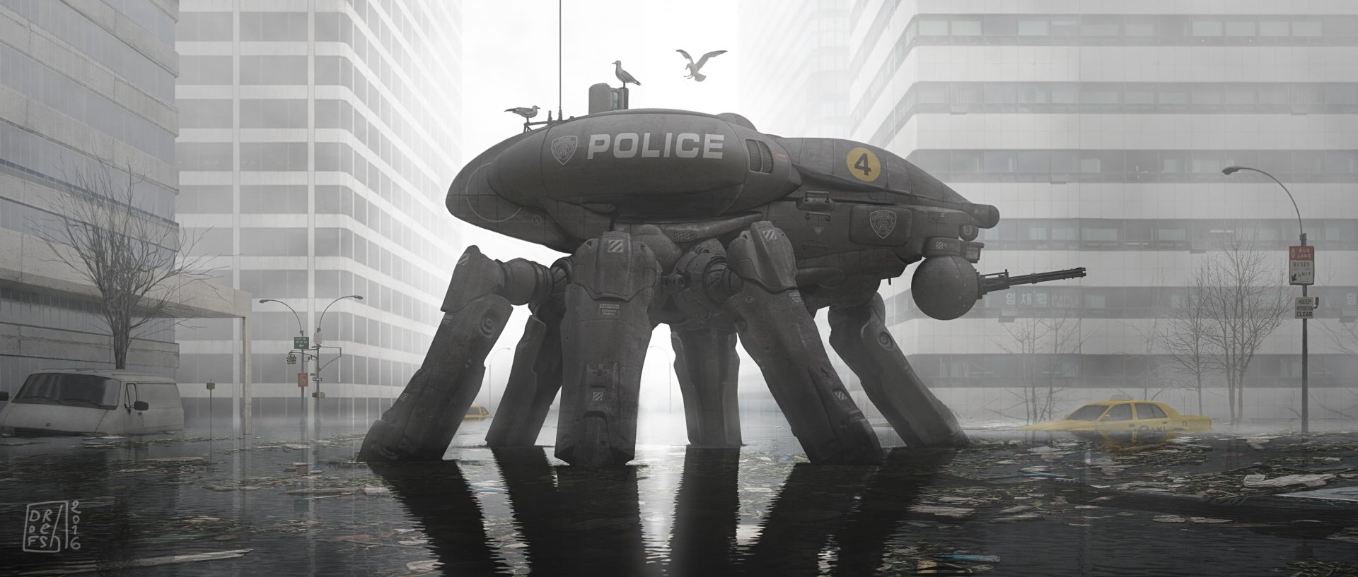 A post-apocalyptic sci-fi scene featuring a robotic police walker patrolling a flooded city street, captured in HD for a PC desktop wallpaper background.