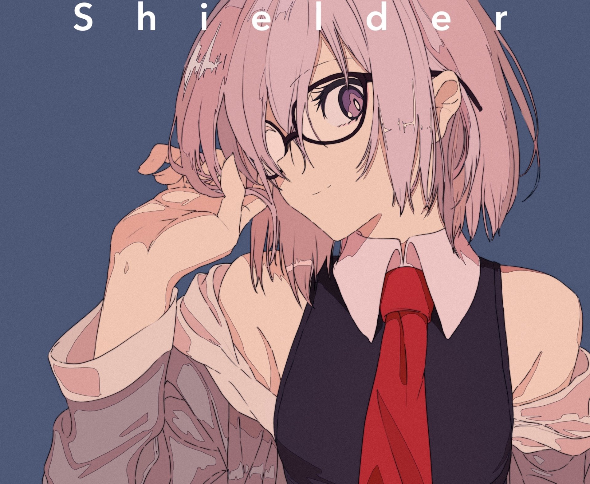 HD desktop wallpaper of Mashu Kyrielight from the anime Fate/Grand Order, featuring her with short pink hair, glasses, and a red tie against a muted background.