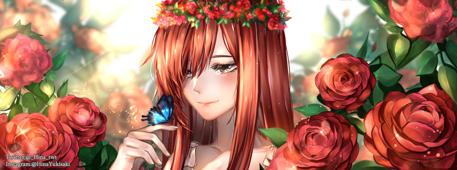 HD PC desktop wallpaper featuring Erza Scarlet from the anime Fairy Tail, adorned with a flower crown and surrounded by red roses and a blue butterfly.