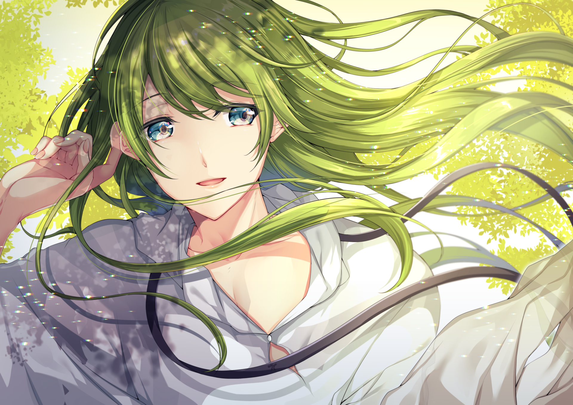 HD PC desktop wallpaper of Enkidu (Fate/Grand Order), anime-style portrait with flowing green hair, blue eyes, white robe and sunlit leaves in the background.