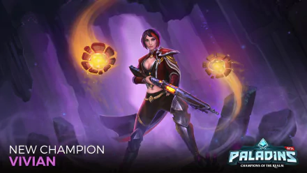 HD PC desktop wallpaper featuring Vivian, the new champion from the video game Paladins, standing with glowing orbs and a futuristic weapon in a dynamic pose.