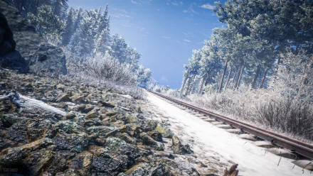 A snowy forest landscape with train tracks in TheHunter: Call of The Wild, showcased in a 4K Ultra HD video game PC wallpaper background.