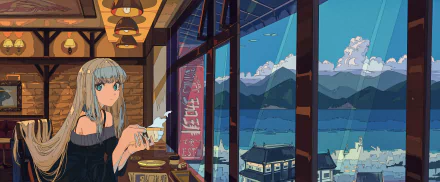 Anime-style HD desktop wallpaper of a blonde girl with long hair and blue eyes holding a teacup, set in a cozy cafe overlooking a scenic mountain and lake view.