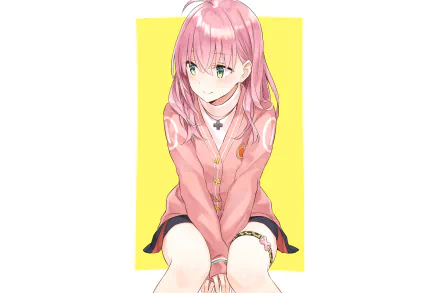 HD PC desktop wallpaper featuring an anime-style Virtual YouTuber with pink hair, green eyes, and a pink cardigan against a bright yellow background.