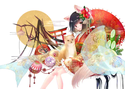 Anime-style HD wallpaper featuring a smiling girl with long black hair in a kimono holding a parasol, accompanied by a white dog, traditional Japanese elements, and vibrant colors.