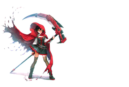 HD PC desktop wallpaper featuring Ruby Rose from the anime RWBY, showcasing her iconic red cloak and weapon against a white background.