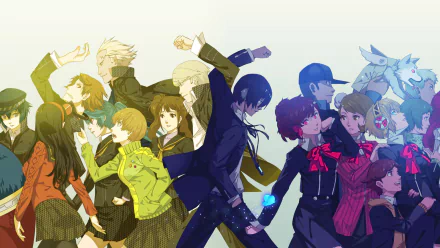 HD wallpaper featuring characters from Persona 3 and Persona 4, showcasing dynamic poses and distinct art styles from the video game series Persona.