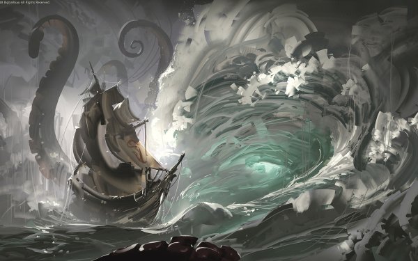 Fantasy Ship Wave Sea Monster HD Wallpaper | Background Image