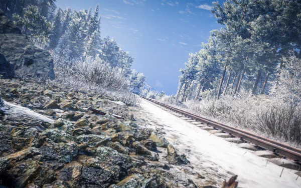 A snowy forest landscape with train tracks in TheHunter: Call of The Wild, showcased in a 4K Ultra HD video game PC wallpaper background.