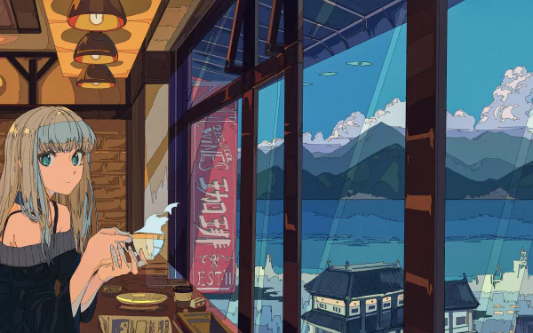 Anime-style HD desktop wallpaper of a blonde girl with long hair and blue eyes holding a teacup, set in a cozy cafe overlooking a scenic mountain and lake view.