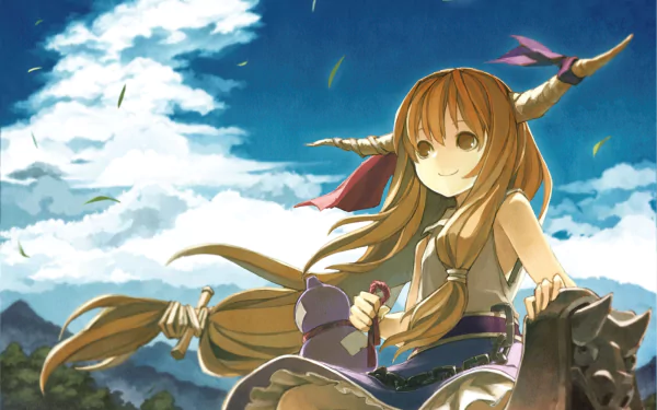 HD PC desktop wallpaper of Suika Ibuki (Touhou) — smiling anime girl with horns and long flowing hair, holding a gourd against a bright blue sky and distant mountains.