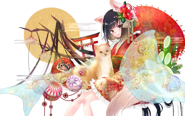 Anime-style HD wallpaper featuring a smiling girl with long black hair in a kimono holding a parasol, accompanied by a white dog, traditional Japanese elements, and vibrant colors.