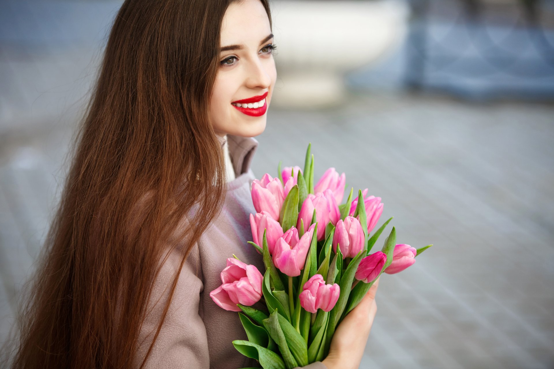 Download Depth Of Field Long Hair Brunette Pink Flower Flower Lipstick ...