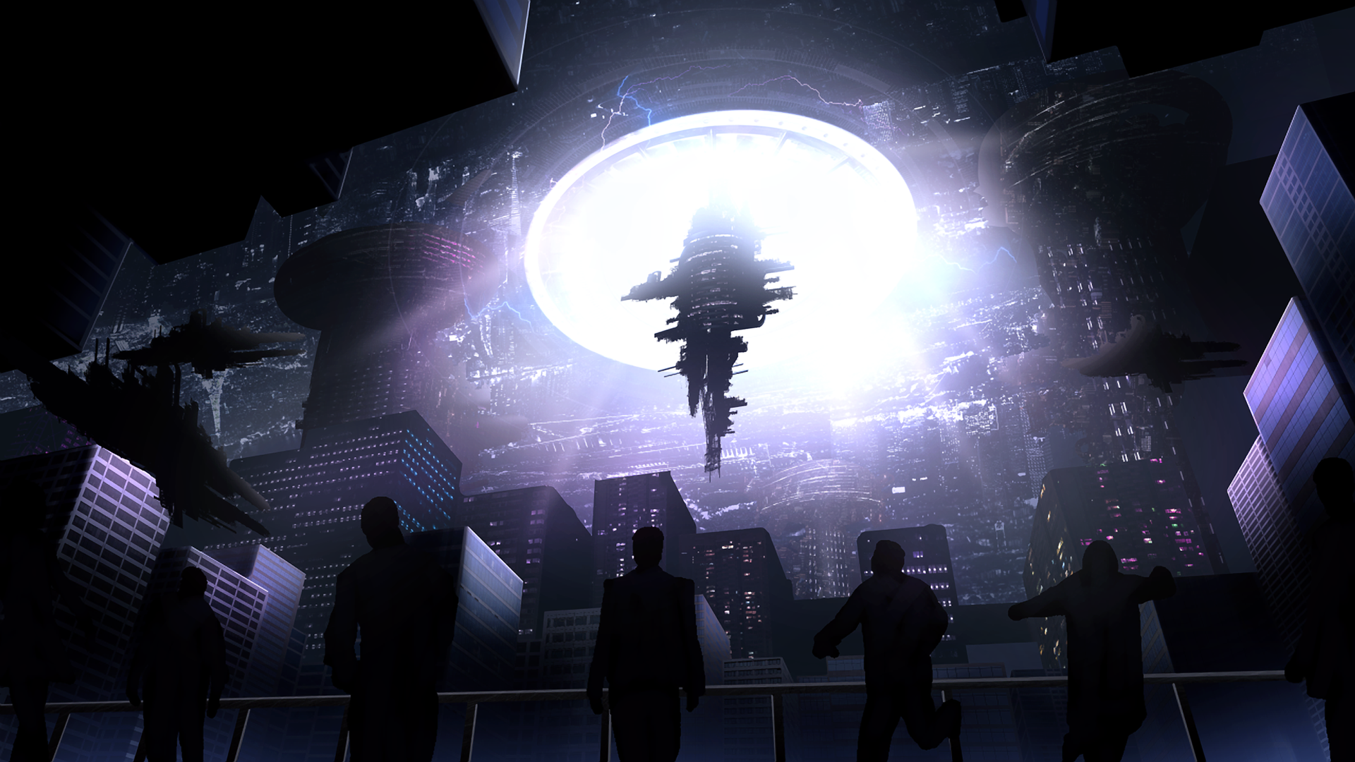 Futuristic sci-fi anime city at night with towering skyscrapers and a glowing hovering structure, viewed by silhouetted figures in this HD PC desktop wallpaper.