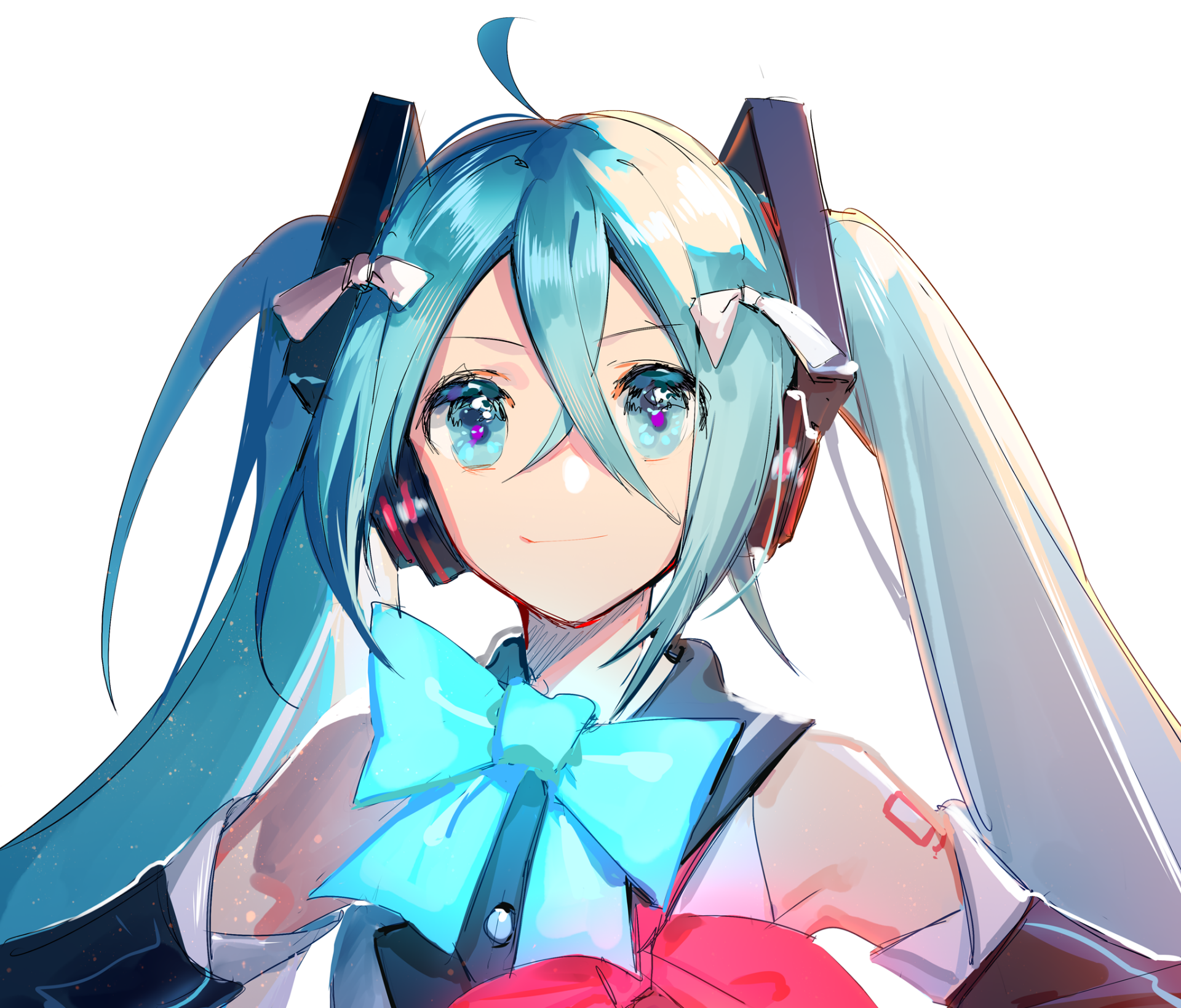 Vibrant HD PC desktop wallpaper of Hatsune Miku (Vocaloid) in anime style, close-up with teal twin-tails, headphones, sparkling eyes, and a large blue ribbon.