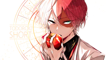 HD desktop wallpaper featuring Shoto Todoroki from My Hero Academia holding an apple. The anime character is depicted in high detail with striking red and white hair.