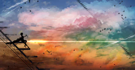 Anime-style HD desktop wallpaper featuring a silhouetted angel on stairs against a colorful sunset sky filled with clouds and flying birds.