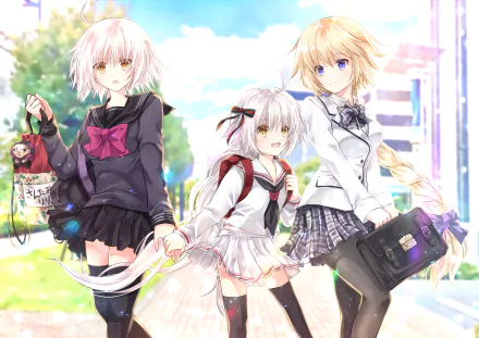 A vibrant HD anime wallpaper featuring Jeanne d'Arc Alter (Santa Lily), Jeanne d'Arc, and characters from the Fate/Grand Order series, set against a colorful outdoor backdrop.
