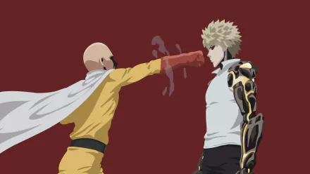 Saitama punches Genos in this minimalist HD wallpaper from the anime One-Punch Man, highlighting Saitama's iconic yellow costume and cape and Genos' cyborg features and blonde hair.