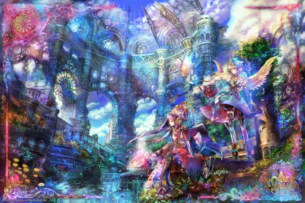 Anime angel with long blonde and brown braided hair, blue eyes, armor, and flowered headdress, holding a staff, smiles amid a vibrant, ornate fantasy cityscape in this HD desktop wallpaper.