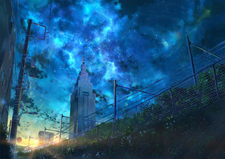 Anime-inspired HD desktop wallpaper featuring a cityscape under a starry night sky with deep blue hues.