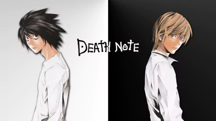HD desktop wallpaper featuring L and Light Yagami from the anime Death Note, set against contrasting black and white backgrounds with the Death Note logo in the center.