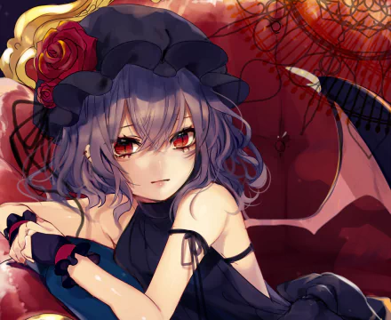 Remilia Scarlet (Touhou) in a gothic dress with bat wings and red eyes, against a dark red ornate backdrop — 2K Quad HD PC desktop wallpaper.