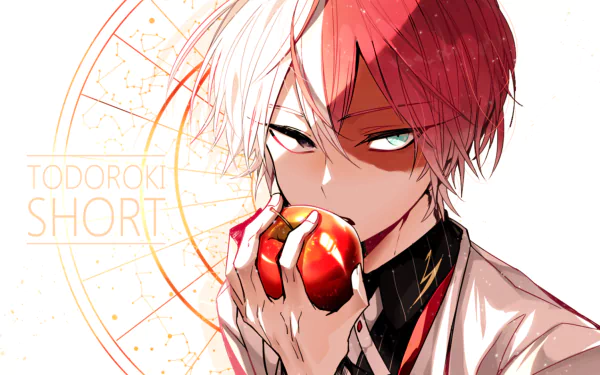 HD desktop wallpaper featuring Shoto Todoroki from My Hero Academia holding an apple. The anime character is depicted in high detail with striking red and white hair.