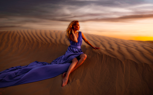 Women Model Purple Dress Blonde Sky Sunset Desert HD Wallpaper | Background Image