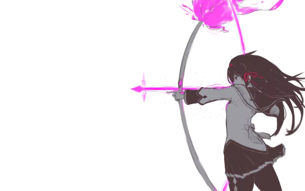 Homura Akemi (Puella Magi Madoka Magica) anime 2K Quad HD PC wallpaper — silhouette drawing a glowing pink bow and arrow against a white background.