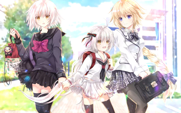 A vibrant HD anime wallpaper featuring Jeanne d'Arc Alter (Santa Lily), Jeanne d'Arc, and characters from the Fate/Grand Order series, set against a colorful outdoor backdrop.