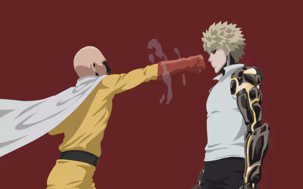 Saitama punches Genos in this minimalist HD wallpaper from the anime One-Punch Man, highlighting Saitama's iconic yellow costume and cape and Genos' cyborg features and blonde hair.