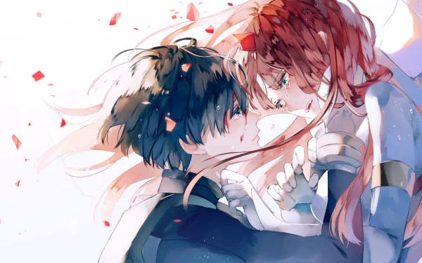 HD desktop wallpaper of Hiro and Zero Two from the anime Darling in the FranXX, featuring an intimate and emotional moment between the characters.