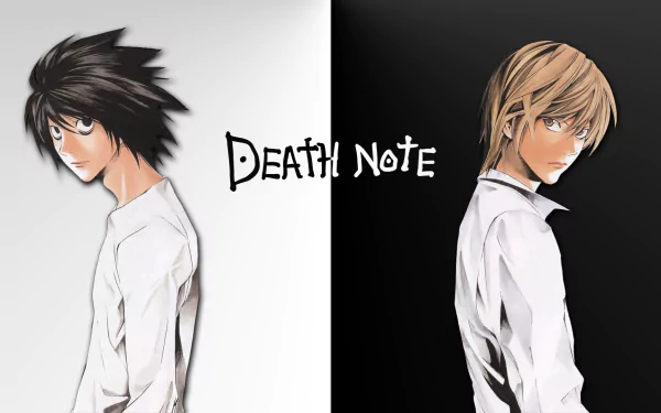 HD desktop wallpaper featuring L and Light Yagami from the anime Death Note, set against contrasting black and white backgrounds with the Death Note logo in the center.