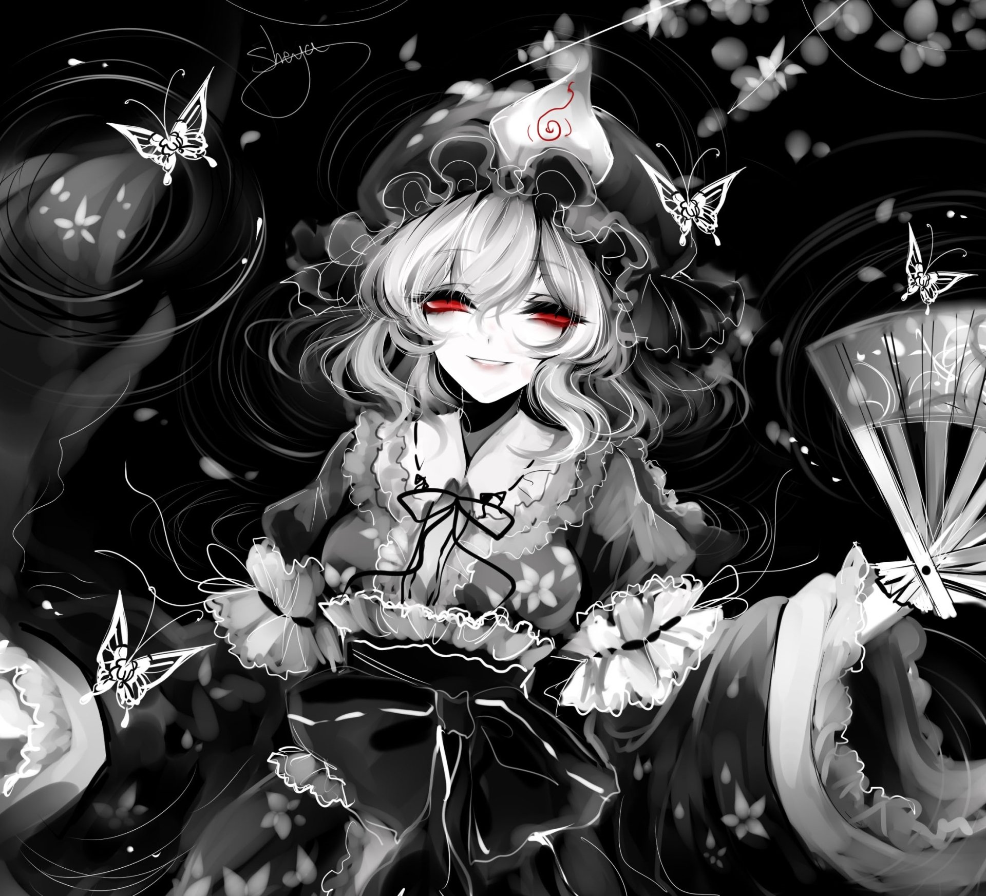 HD PC desktop wallpaper featuring Yuyuko Saigyouji from Touhou, depicted with flowing hair, a fan, and surrounded by butterflies in a monochrome style with red eyes.